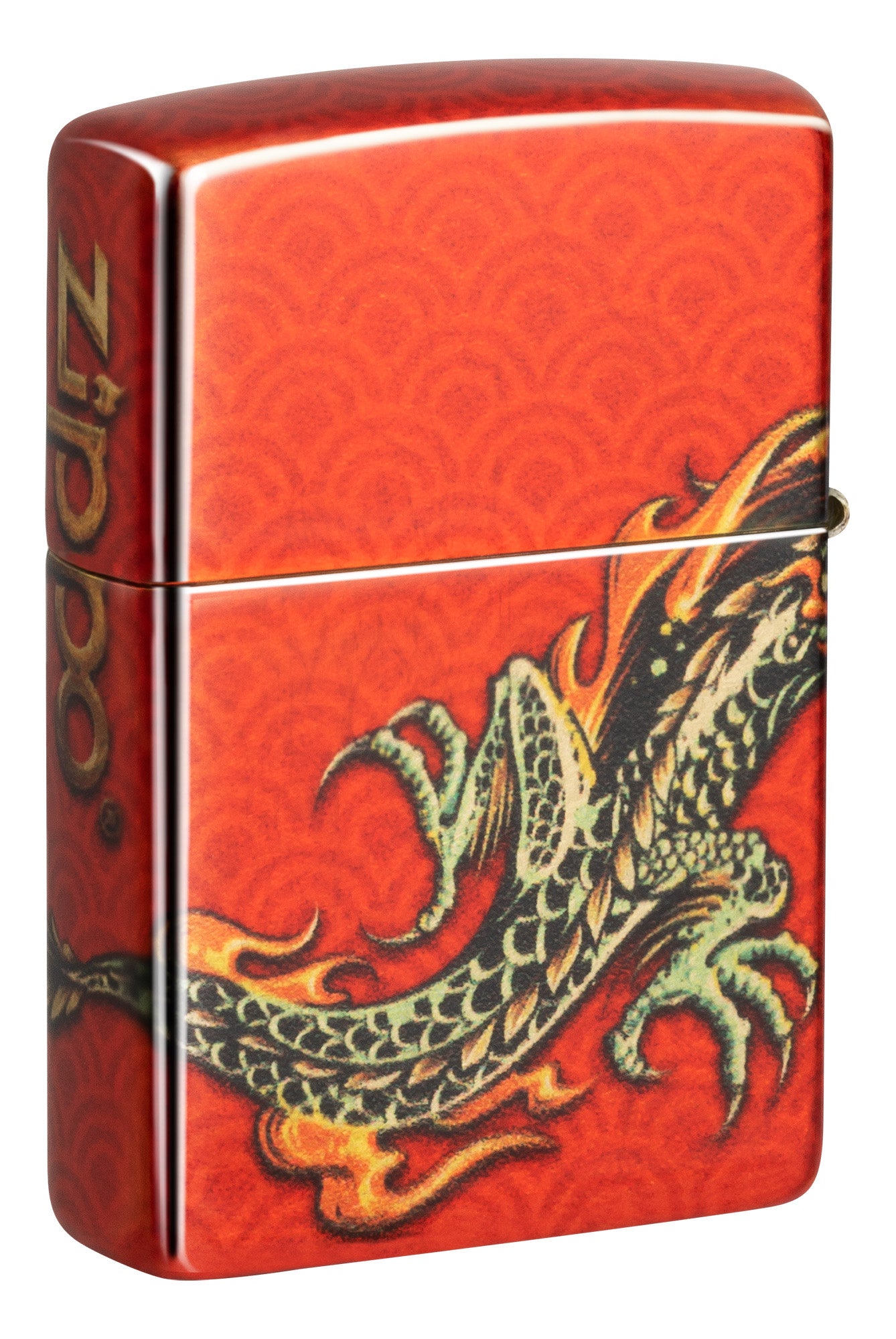 Back shot of Zippo Dragon Design 540 Fusion Windproof Lighter standing at a 3/4 angle.