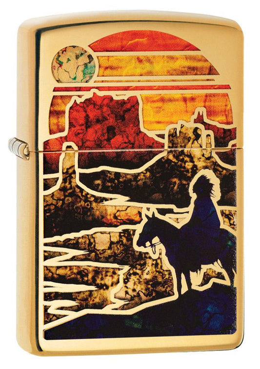 Front view of Zfusion Desert High Polish Brass Windproof Lighter standing at a 3/4 angle