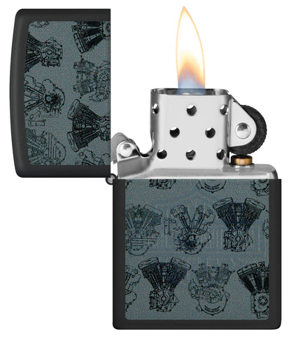 Zippo Harley-Davidson Black Light Logo Black Matte Windproof Lighter with its lid open and lit.