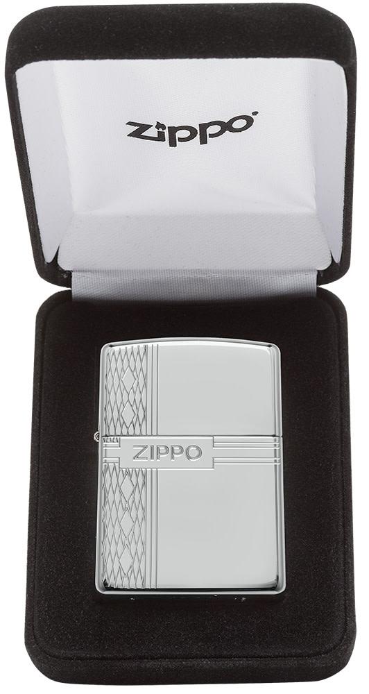 ArmorÂ® Sterling Silver Zippo Diamond Design Windproof Lighter in its packaging