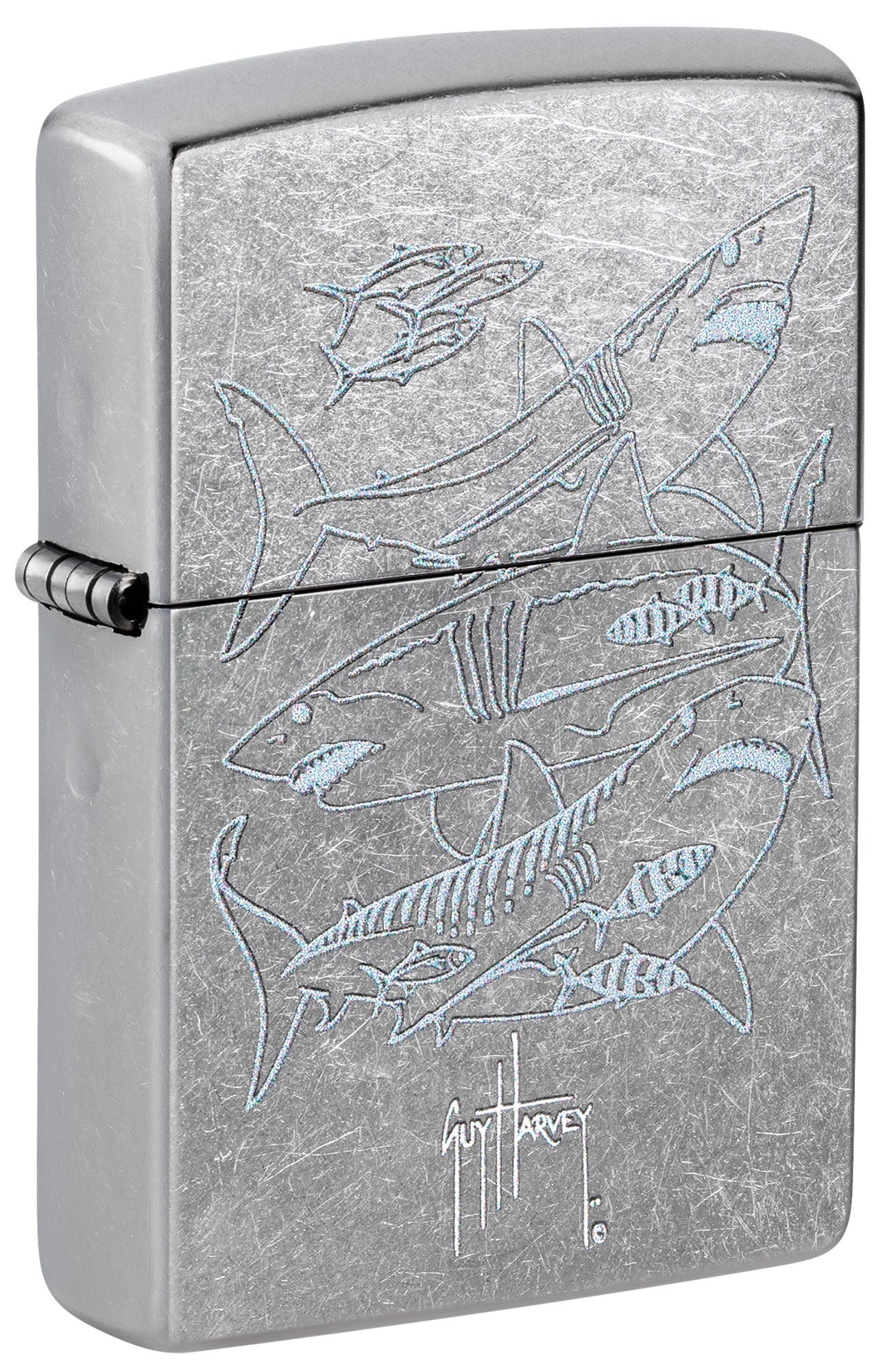 Front shot of Zippo Guy Harvey Shark Design Street Chomre Windproof Lighter standing at a 3/4 angle.