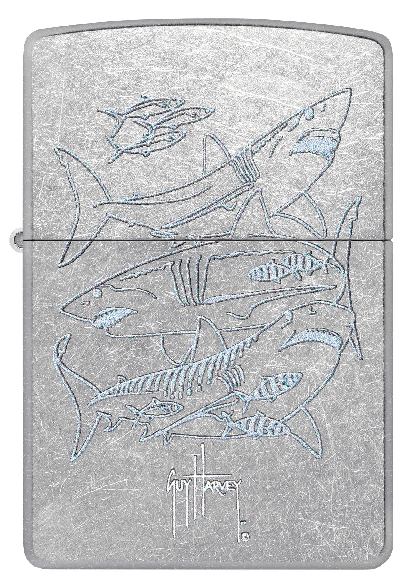 Front view of Zippo Guy Harvey Shark Design Street Chomre Windproof Lighter.