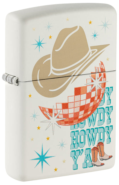 Front shot of Zippo Howdy Cowboy White Matte Windproof Lighter standing at a 3/4 angle.