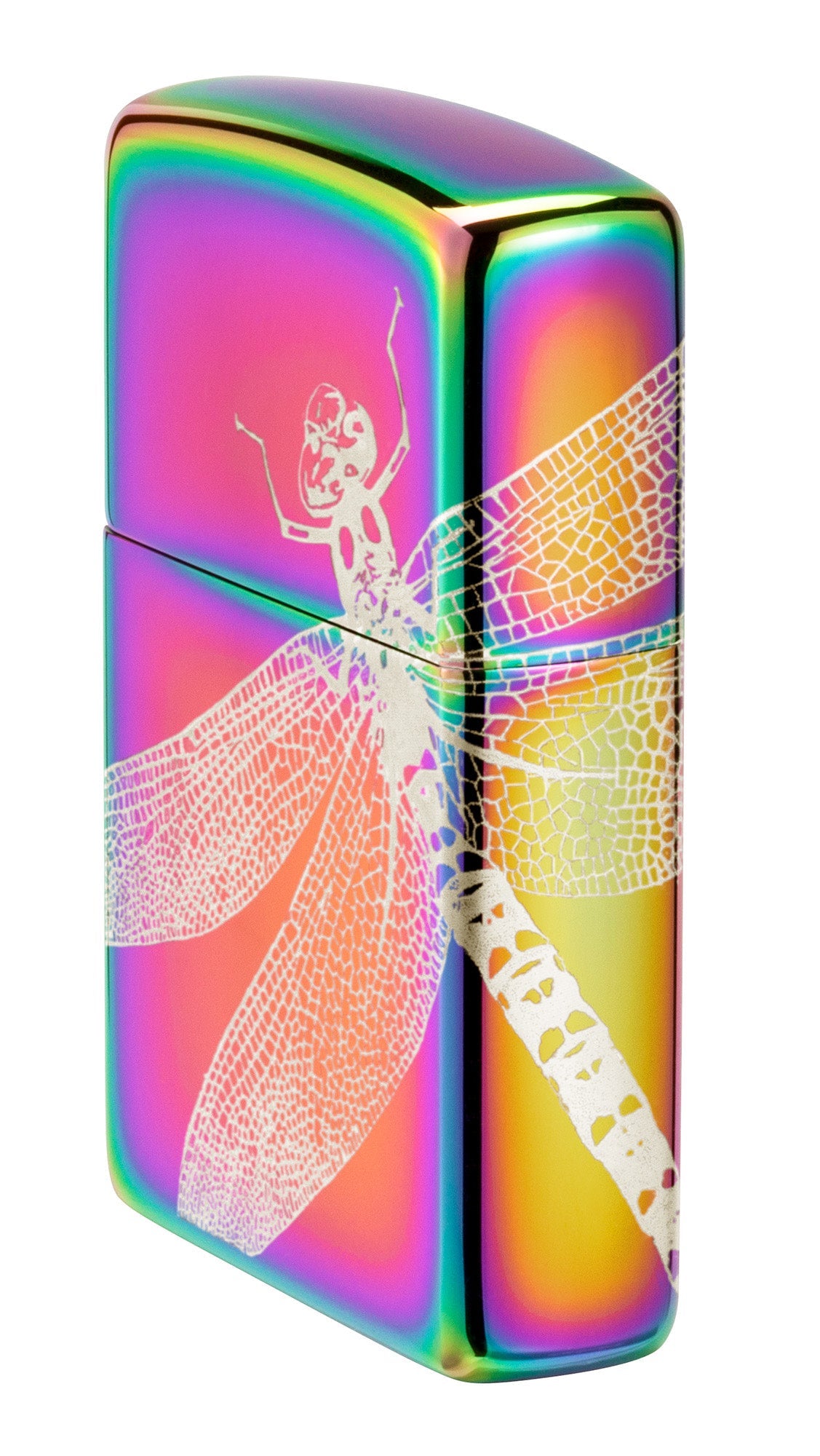 Angled shot of Zippo Dragonfly Design Multi Color Windproof Lighter showing the front and right side of the lighter.