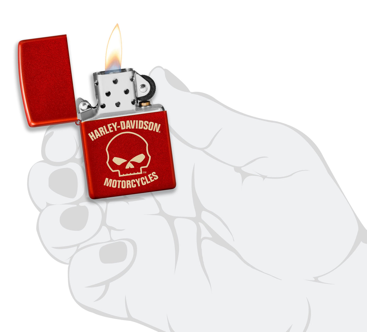 Zippo Harley-Davidson Laser Skull Metallic Red Windproof Lighter lit in hand.