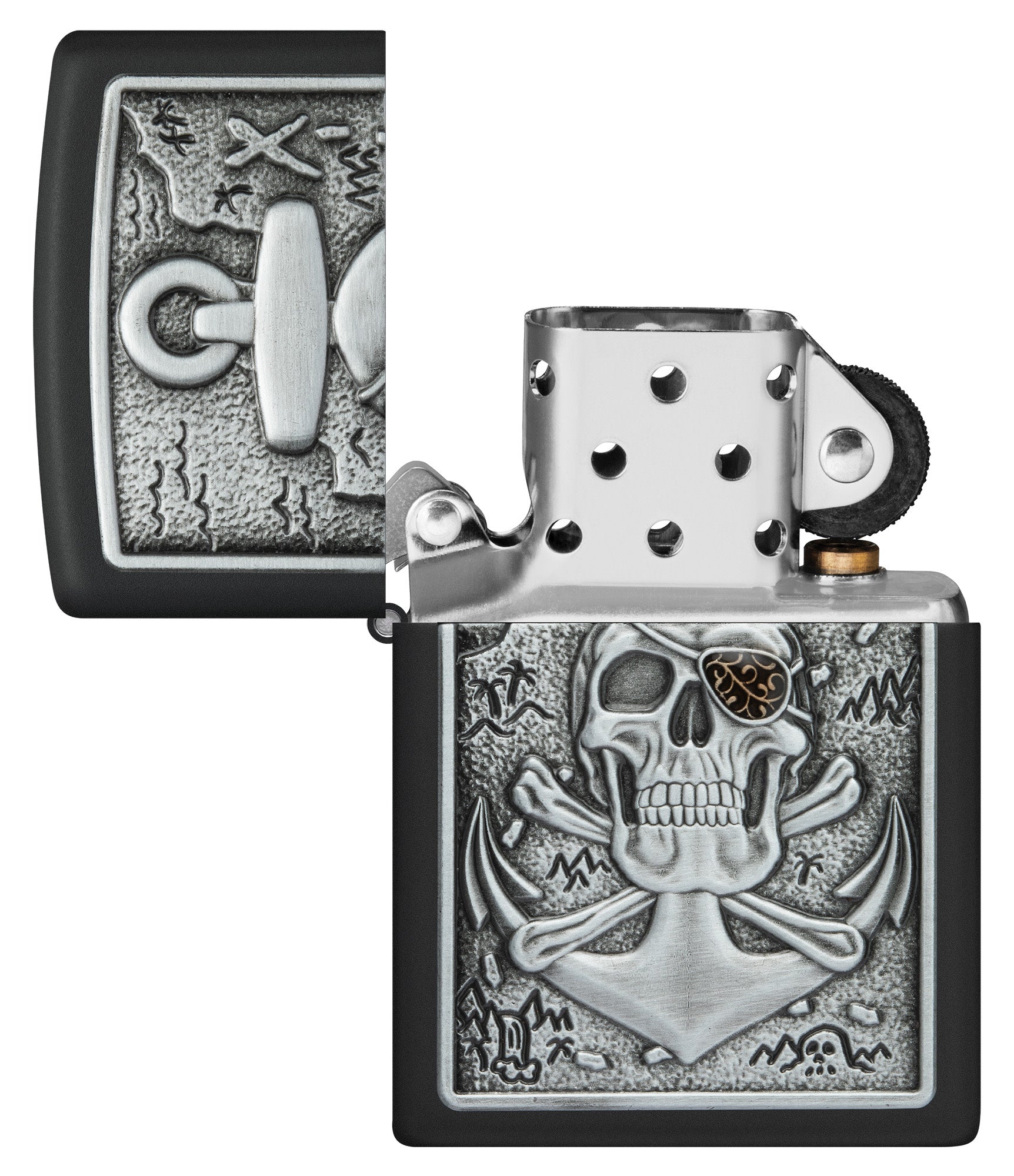 Skull Anchor Emblem Design Black Matte Windproof Lighter with its lid open and unlit.