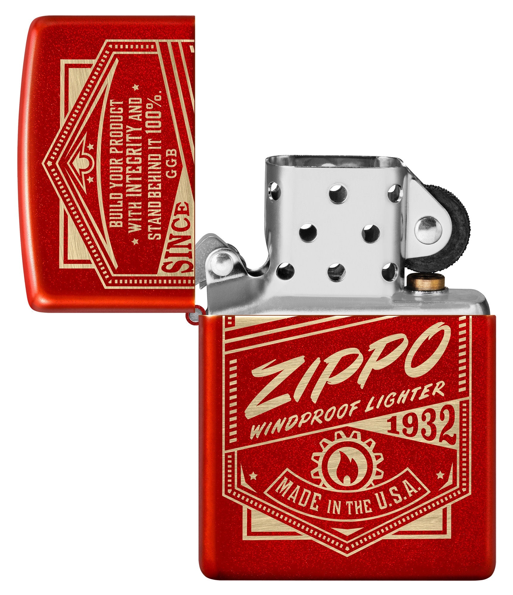 Zippo It Works Design Metallic Red Windproof Lighter with its lid open and unlit.