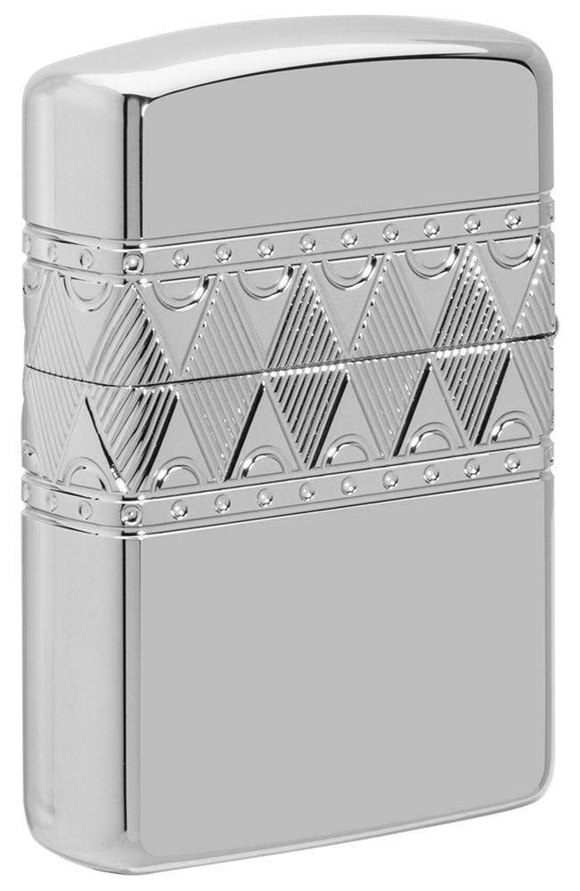 Back shot of Armor® Sterling Silver Diamond Pattern Design Windproof Lighter standing at a 3/4 angle