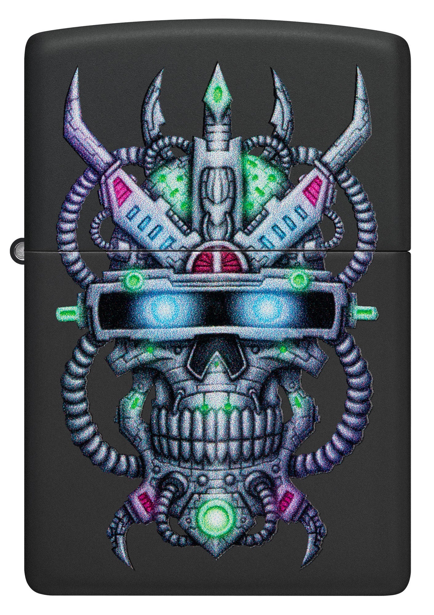 Front view of Zippo Cyber Skull Design Black Matte Windproof Lighter.