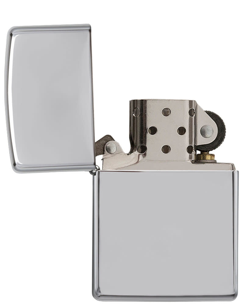 Armor® High Polish Chrome Windproof Lighter with it's lid open and unlit.