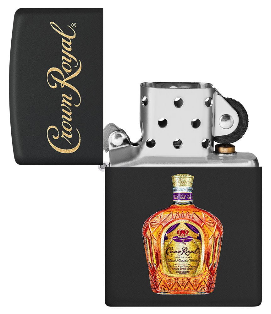 Crown Royal® Logo Black Matte Windproof Lighter with its lid open and unlit.