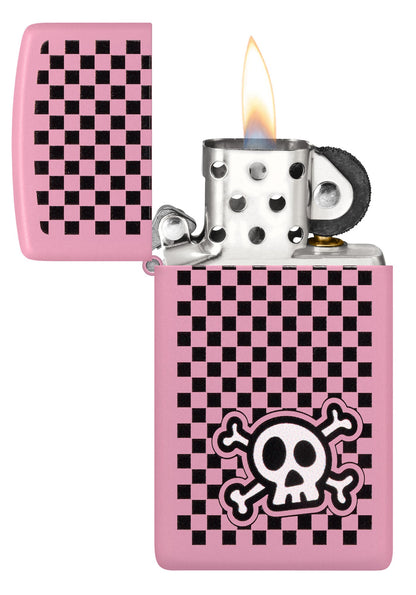 Zippo Checkered Skull Design Slim Pink Matte Windproof Lighter with its lid open and lit.