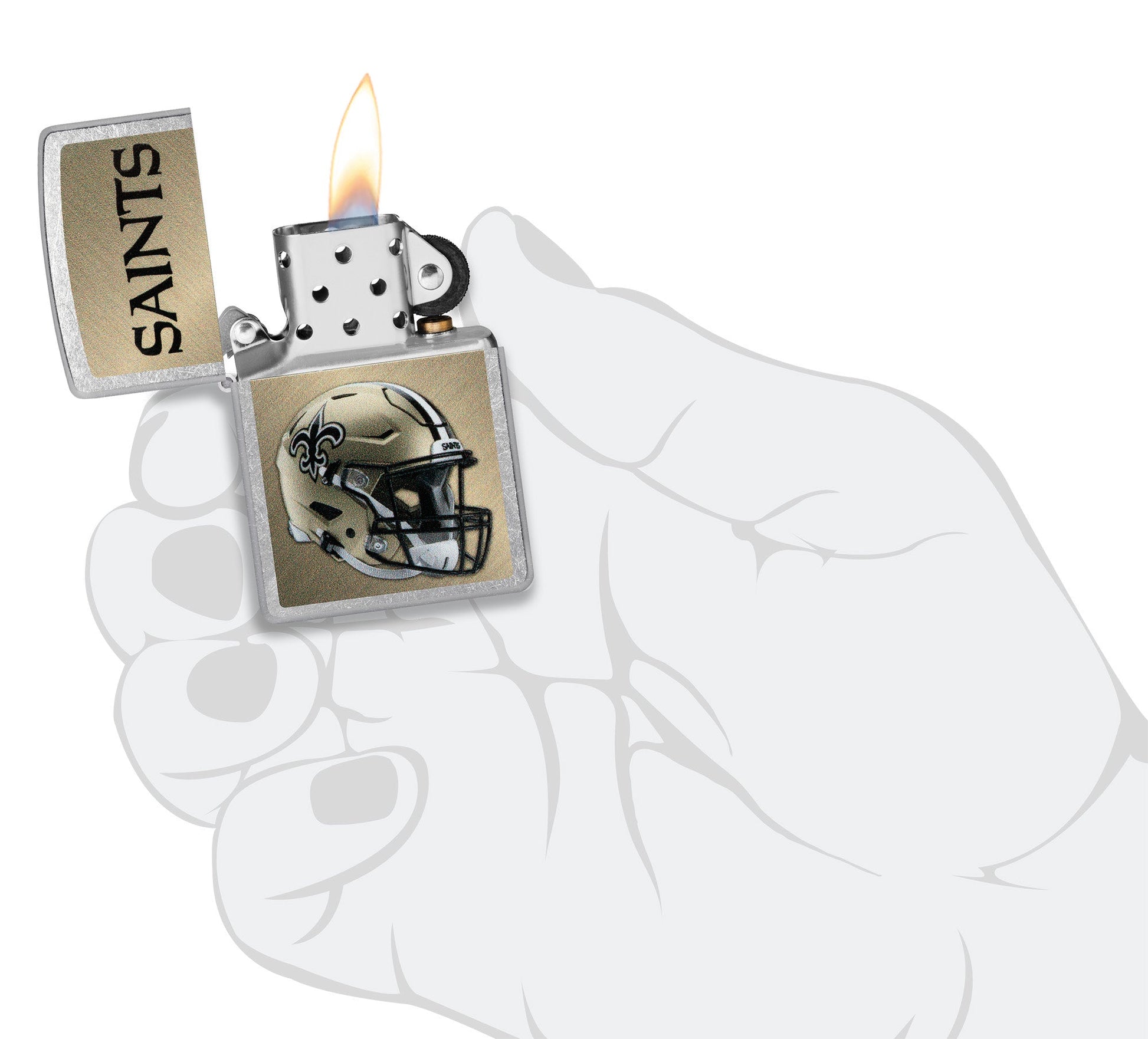 NFL New Orleans Saints Helmet Street Chrome Windproof Lighter lit in hand.