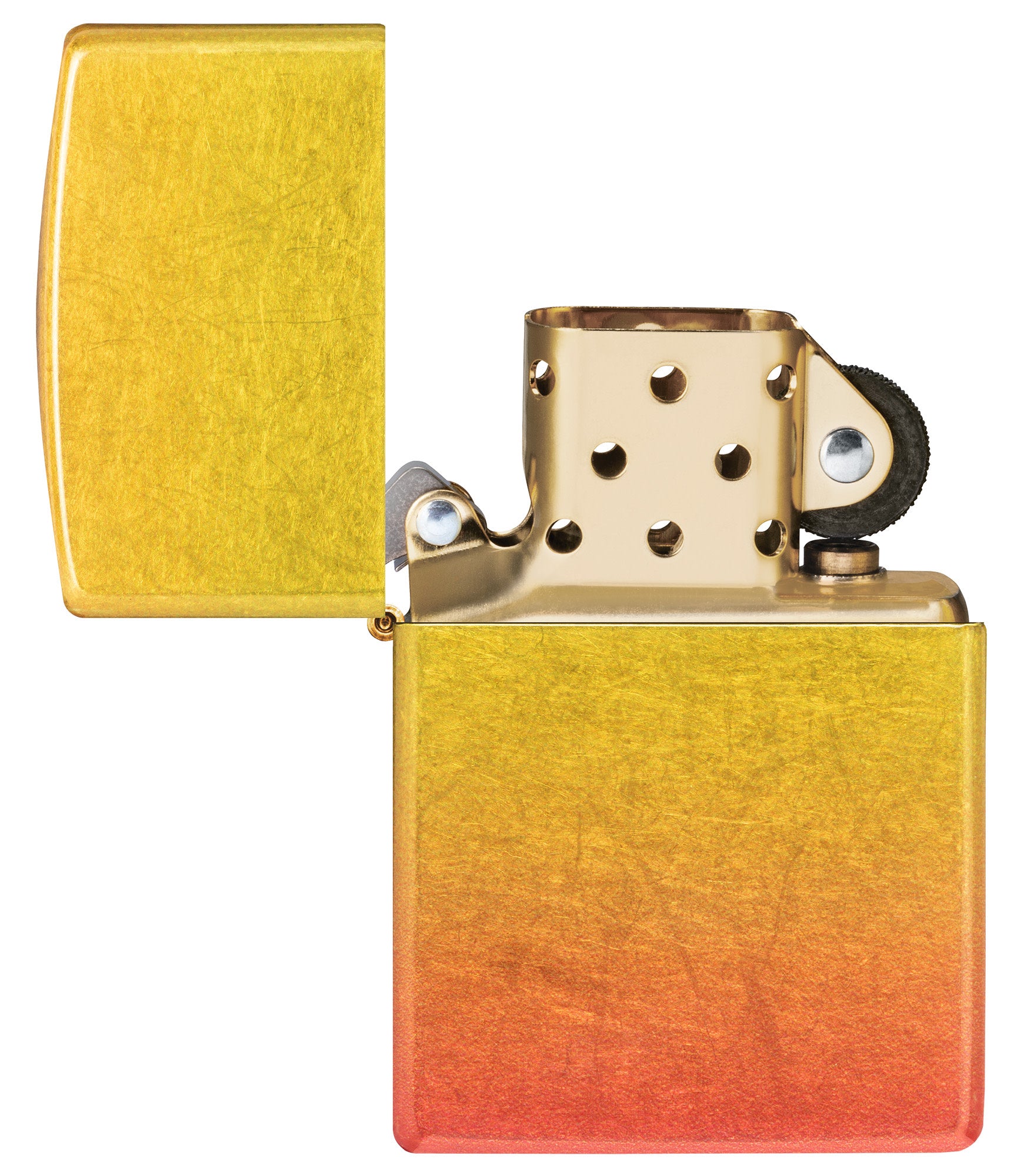 Ombre Orange Yellow 540 Fusion Windproof Lighter with its lid open and unlit.