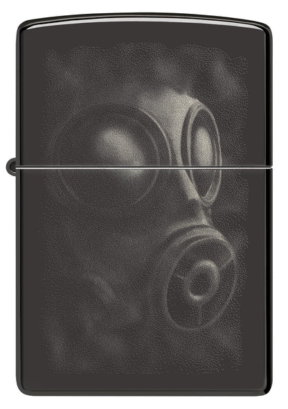 Front view of Zippo Gas Mask Design High Polish Black Pocket Lighter.