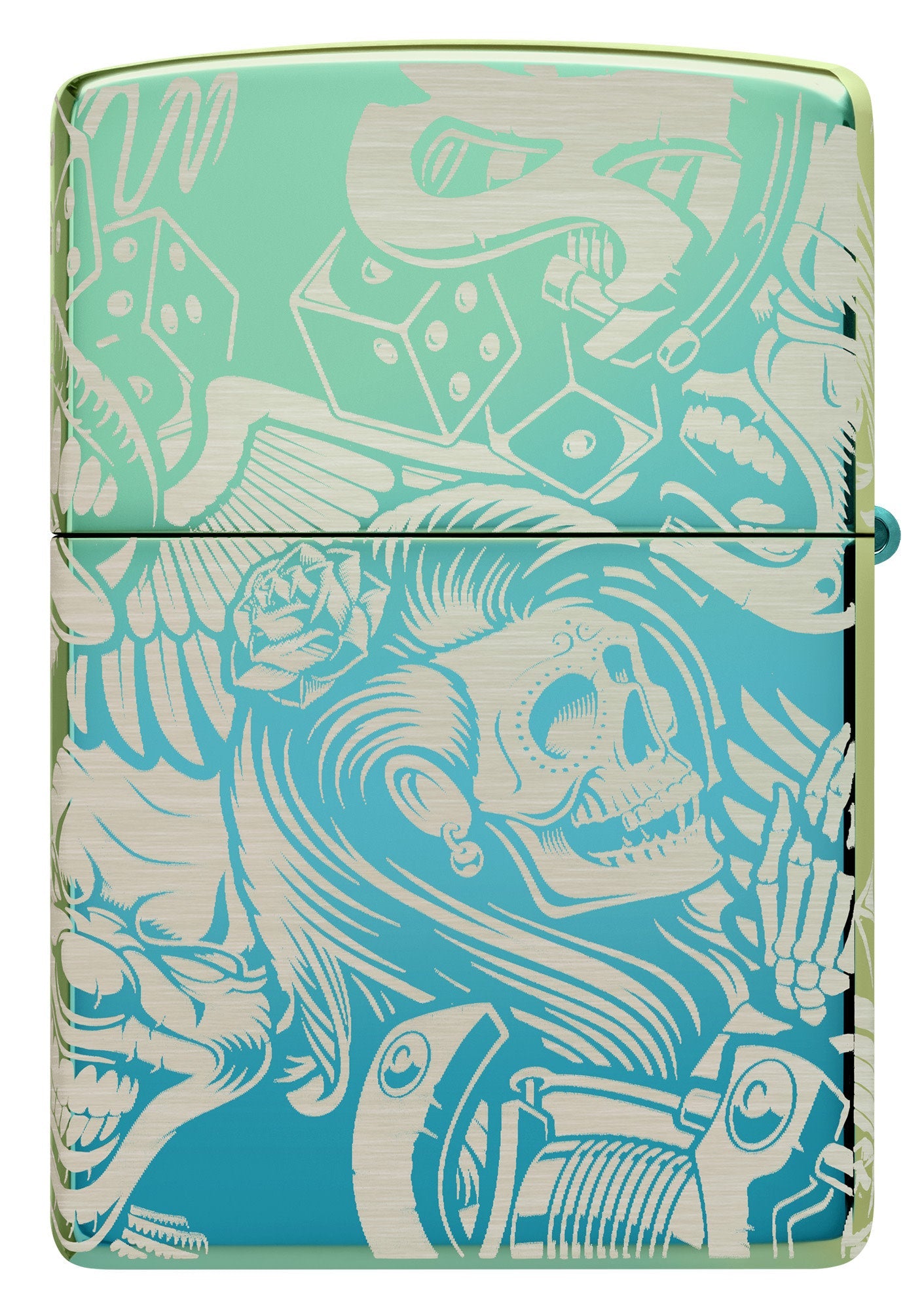 Back shot of Laser 360° Tattoo Theme Design High Polish Teal Windproof Lighter.