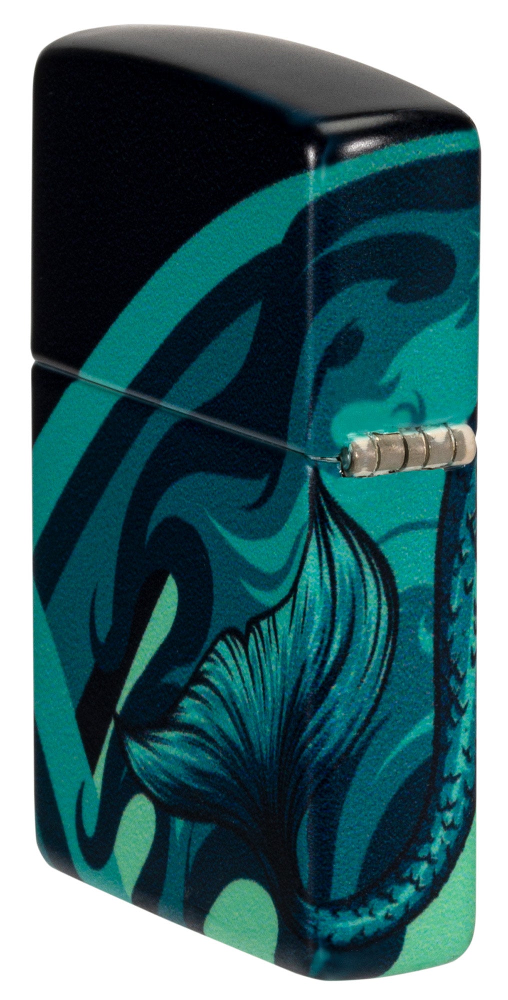 Angled shot of Zippo Mermaid Design 540 Color Windproof Lighter showing the back and hinge side of the lighter.
