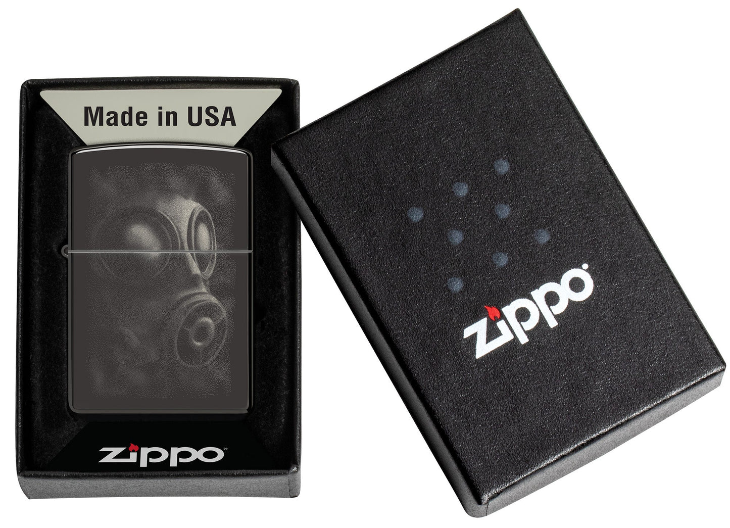 Zippo Gas Mask Design High Polish Black Pocket Lighter in its packaging.