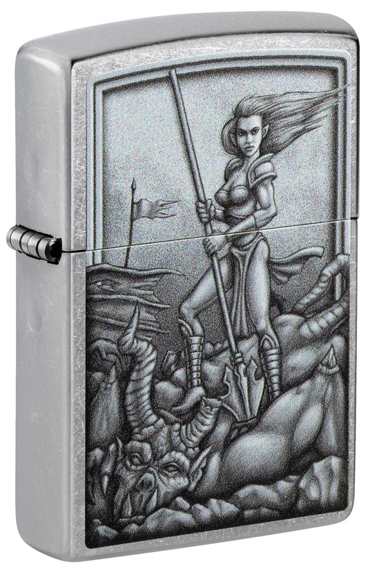 Front shot of Medieval Woman Warrior Street Chrome Windproof Lighter standing at a 3/4 angle.