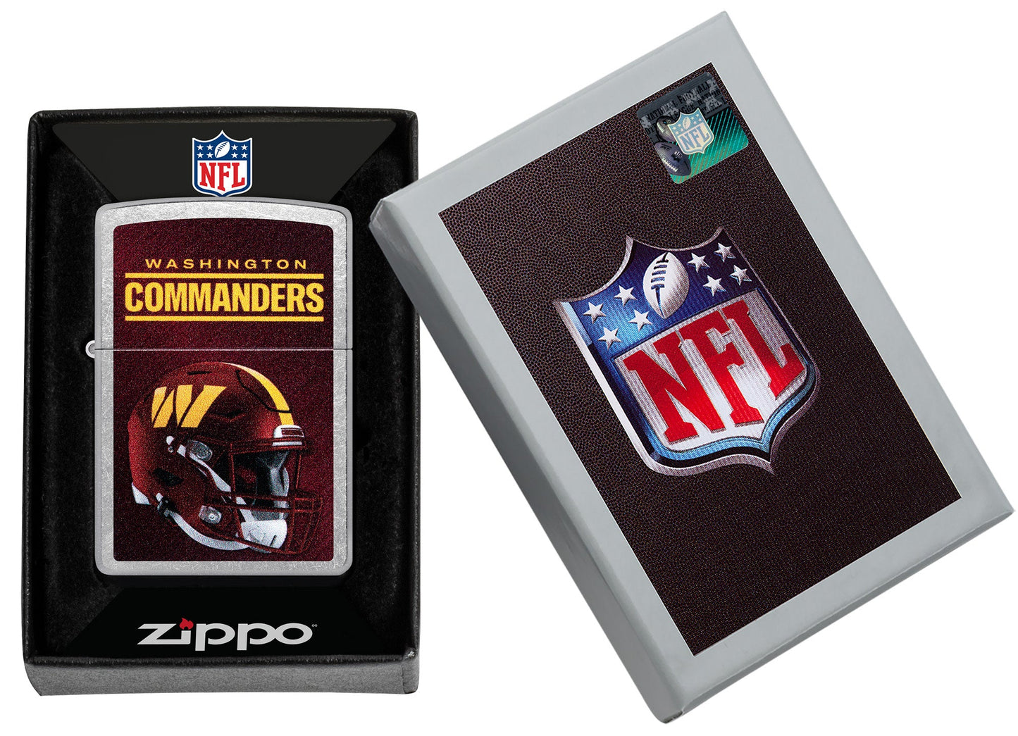 NFL Washington Commanders Helmet Street Chrome Windproof Lighter in its packaging.