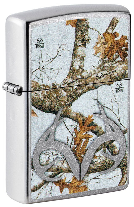 Front shot of Realtree® Camo Logo Street Chrome™ Windproof Lighter standing at a 3/4 angle.