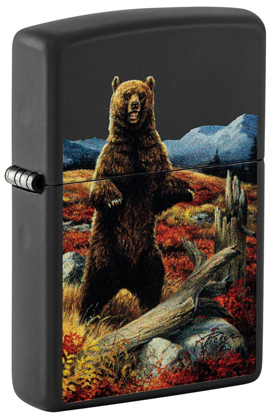 Front shot of Zippo Linda Pickens Bear Design Black Matte Windproof Lighter standing at a 3/4 angle.