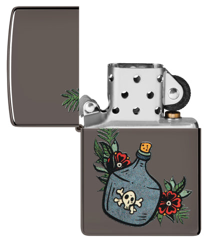 Front shot of Moonshine Jug Design Black Ice Windproof Lighter.