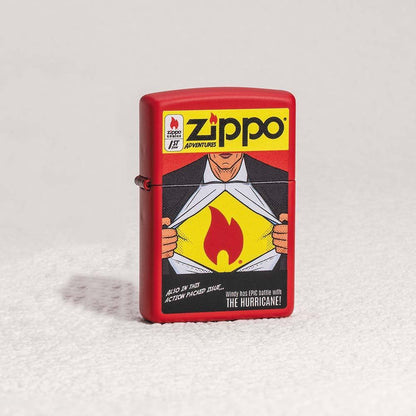 Lifestyle image of Comic Design Red Matte Windproof Lighter standing on a white surface