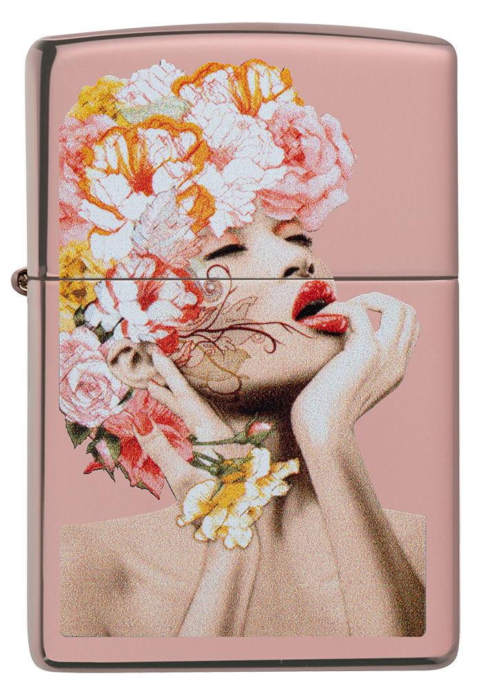 Front of Floral Woman Design Rose Gold Windproof Lighter