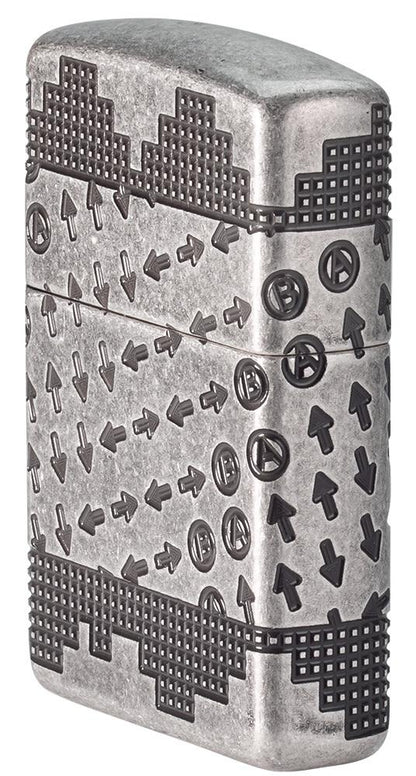 Gaming Cheat Code ArmorÂ® Antique Silver Windproof Lighter standing at an angle, showing the front and right side of the lighter.