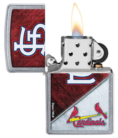 MLB® St. Louis Cardinals™ Street Chrome™ Windproof Lighter with its lid open and lit.