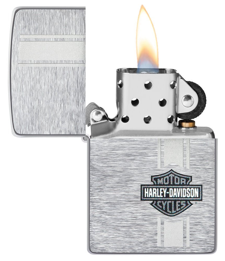 Harley-Davidson® Bar and Shield Brushed Chrome Windproof Lighter with its lid open and lit.