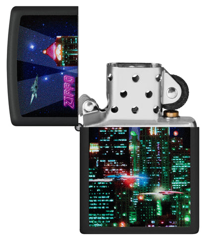 Zippo Cyber City Design Black Matte Windproof Lighter  Lighter with its lid open and unlit.