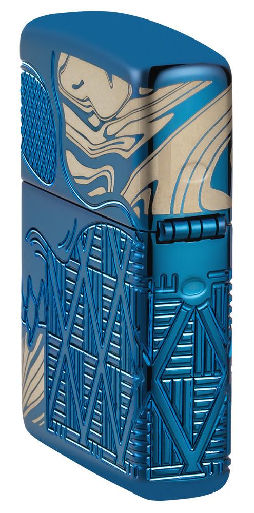 Skull Design Armor® High Polish Blue Windproof Lighter standing at an angle, showing the back and hinge side of the lighter.