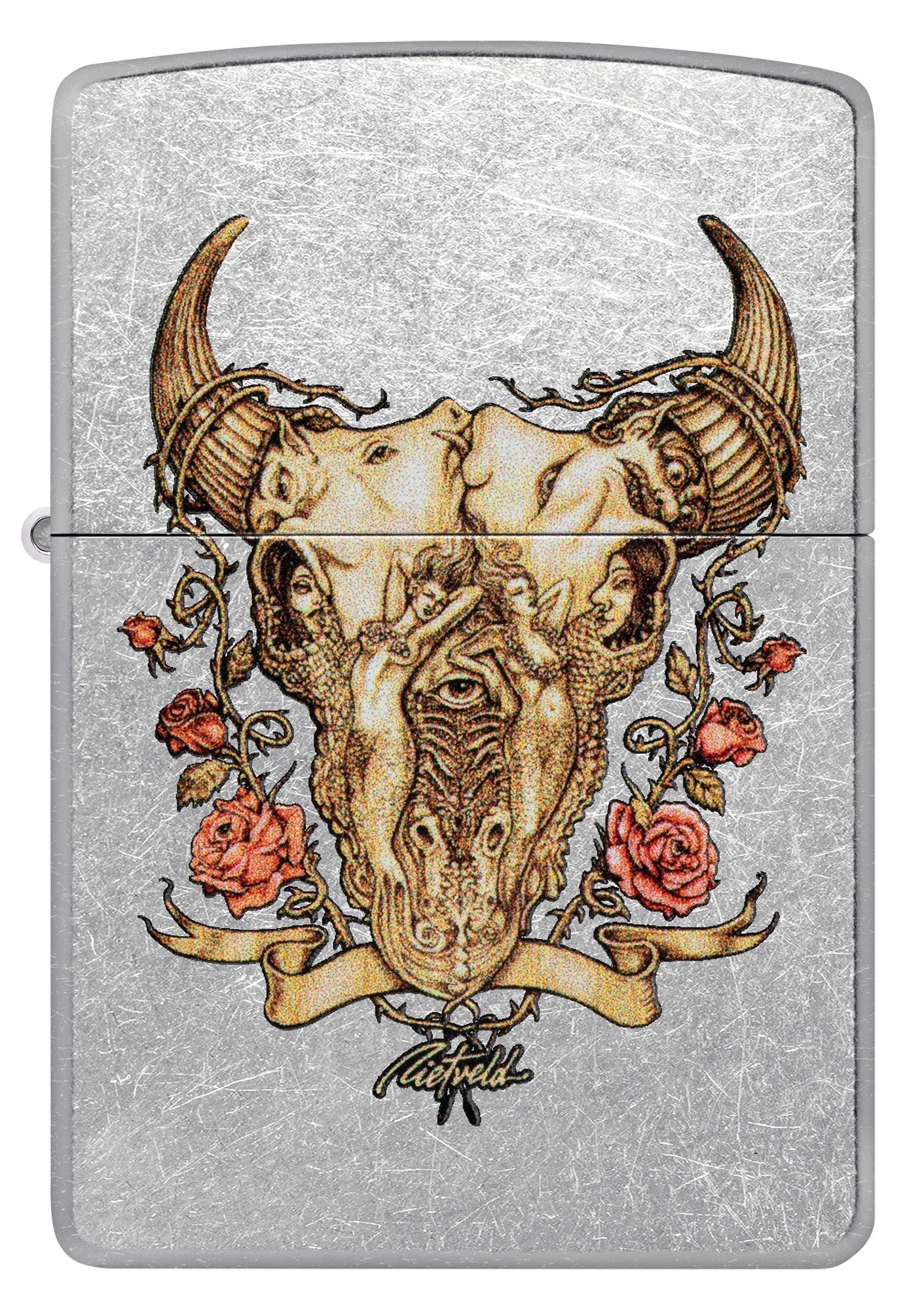 Zippo Rick Rietveld Floral Bull Skull Street Chrome