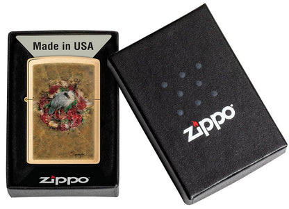 Spazuk Bird and Roses Design Brushed Brass Windproof Lighter in its packaging.