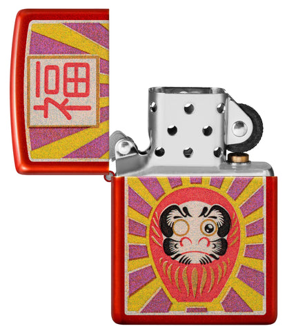 Zippo Daruma Design Metallic Red Windproof Lighter with its lid open and unlit.