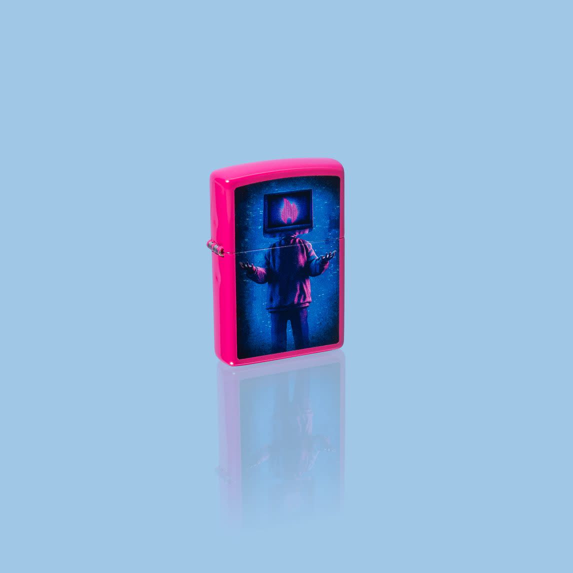 Glamour shot of Zippo Flame TV Man Design Frequency Windproof Lighter standing in a blue scene.