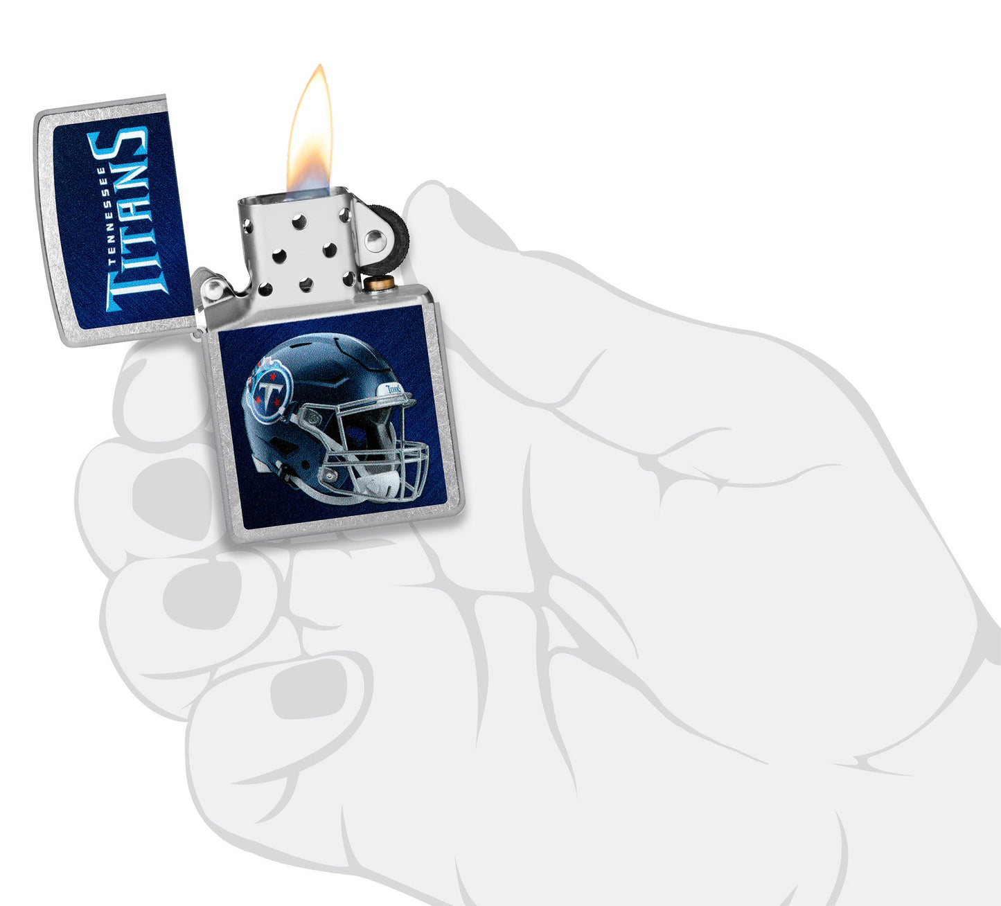 NFL Tennessee Titans Helmet Street Chrome Windproof Lighter lit in hand.