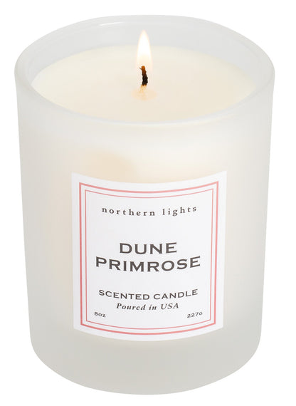 Front of lit 8 oz Dune Primrose Candle 