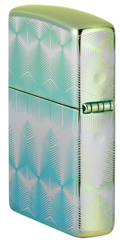 Angled shot of Pattern Design High Polish Teal Windproof Lighter, showing the back and hinge side of the lighter.