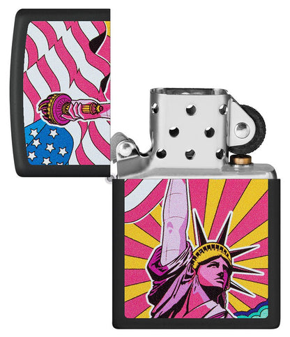 Lady Liberty Design Black Matte Windproof Lighter with its lid open and unlit.