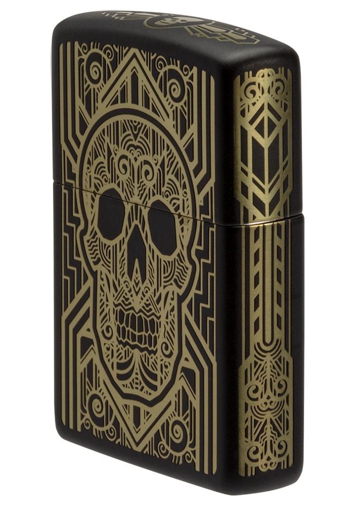 Front angle view of Art Deco Skull Black Matte Windproof Lighter showing the right side of the lighter