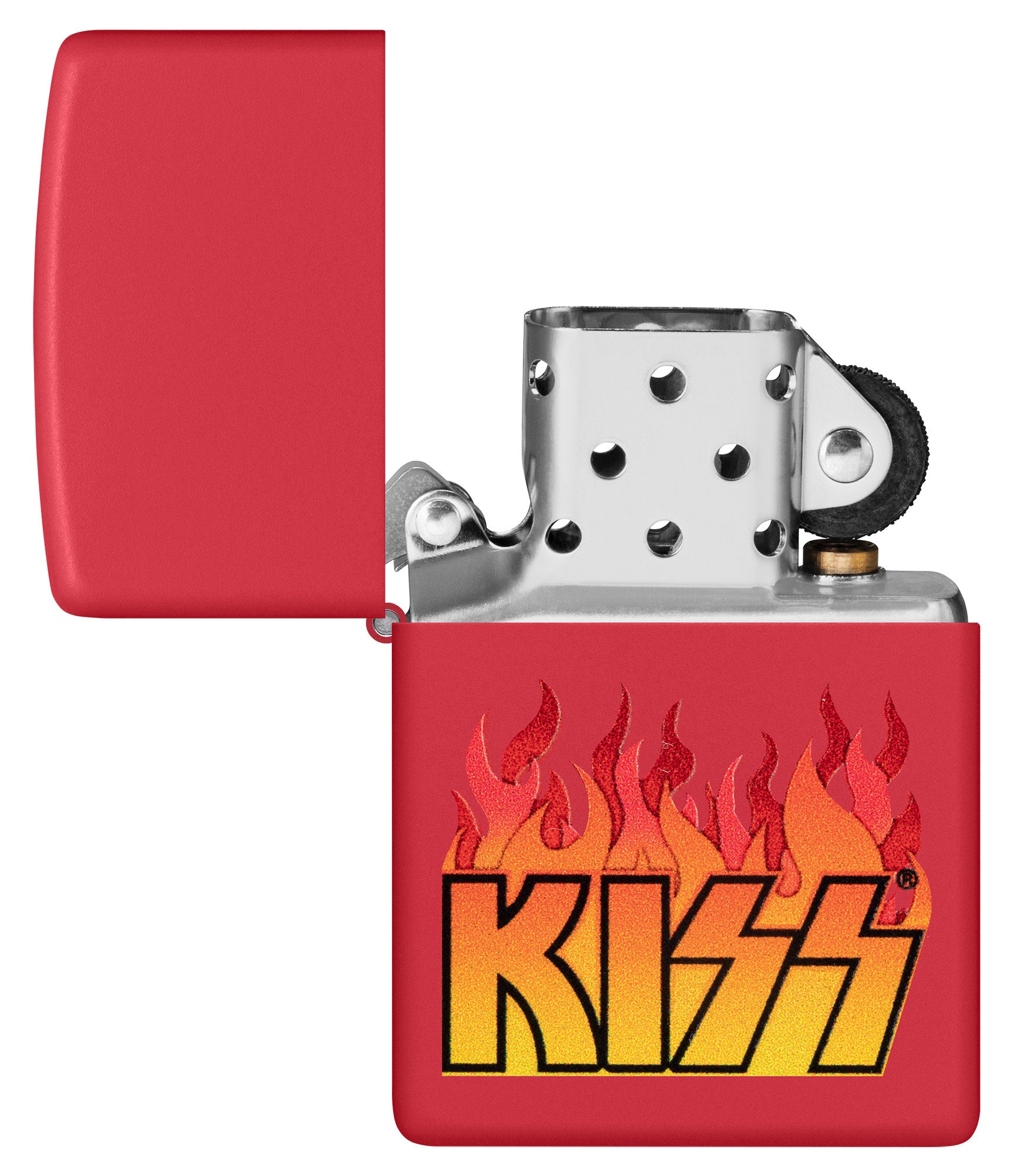 Zippo KISS Design Red Matte Windproof Lighter with its lid open and unlit.