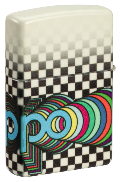 Back shot of Zippo Nostalgia Design 540 Color Glow in the Dark Windproof Lighter standing at a 3/4 angle.