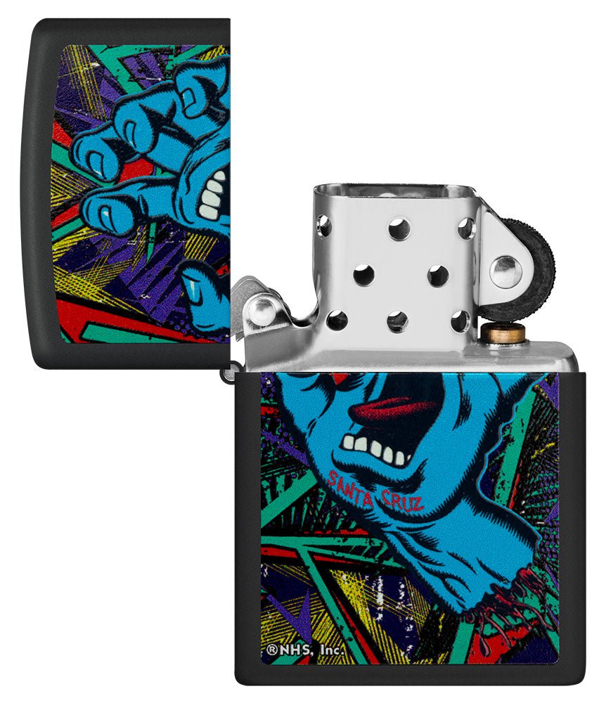 Santa Cruz Screaming Hand Black Light Black Matte Windproof Lighter with its lid open and unlit.