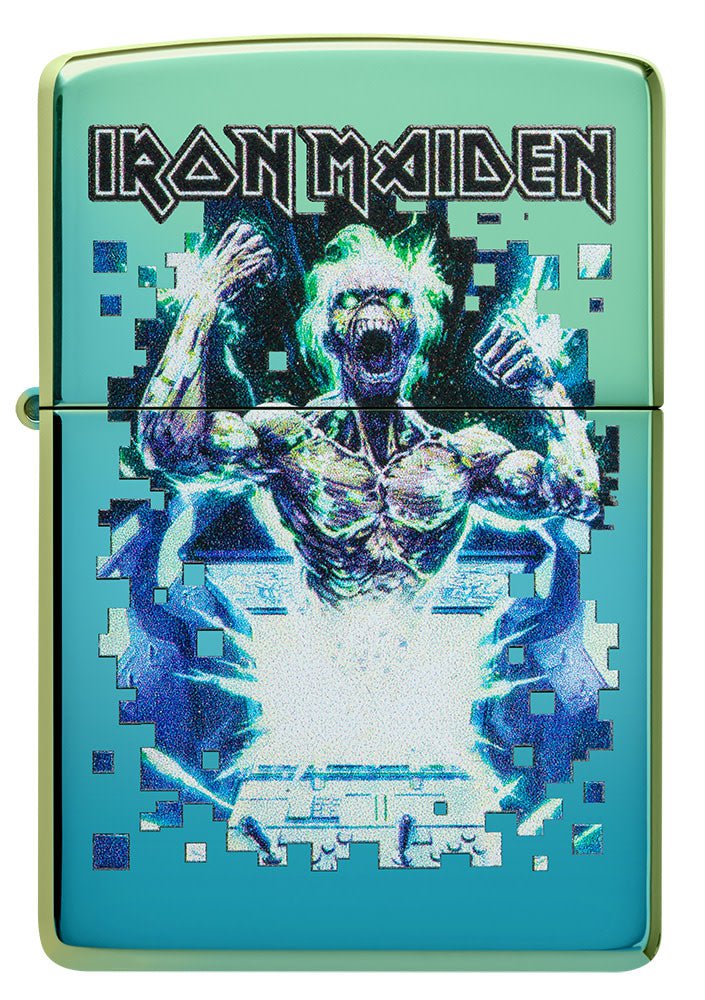 Front shot of Iron Maiden Eddie Design High Polish Teal Windproof Lighter.