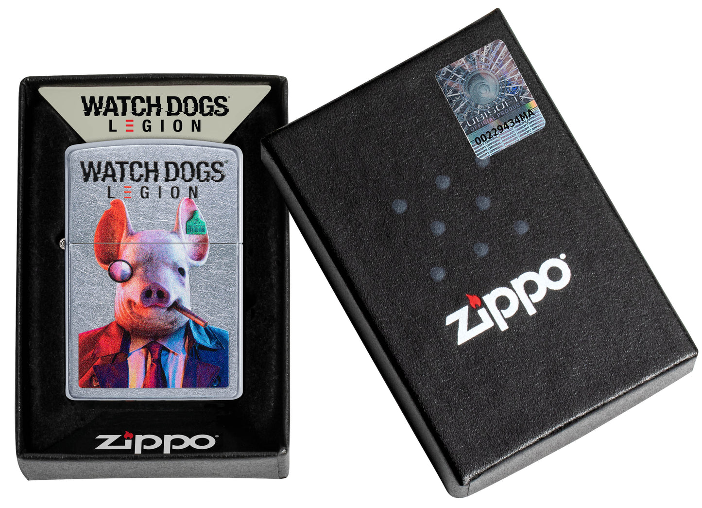 Watch Dogs®: Legion Logo lighter, front view of lighter in zippo one box.