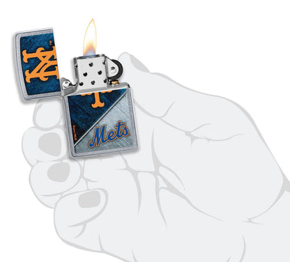 MLB® New York Mets™ Street Chrome™ Windproof Lighter lit in hand.