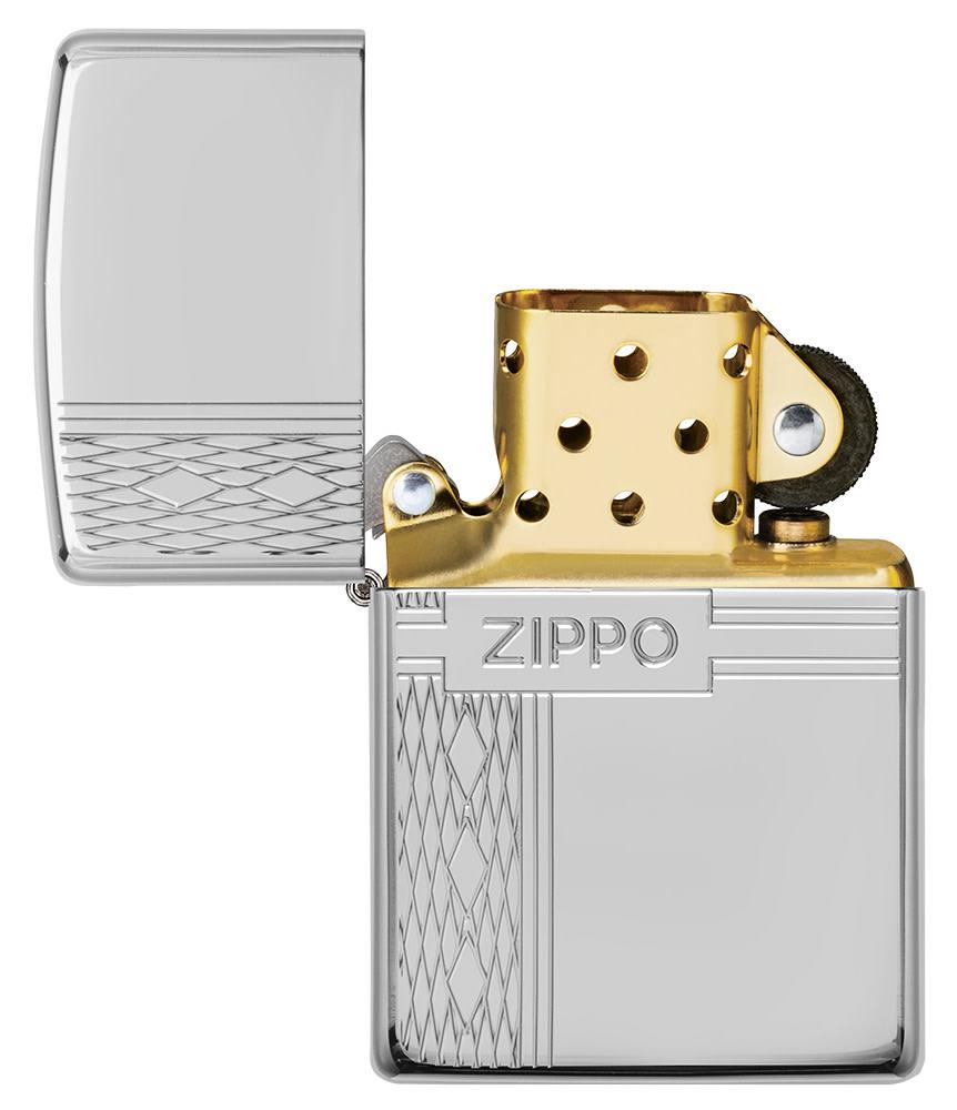 ArmorÂ® Sterling Silver Zippo Diamond Design Windproof Lighter with its lid open and unlit